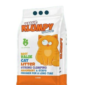 A bag of Value Klumpy Cat Litter, a dust-free and high-performance clumping formula.
