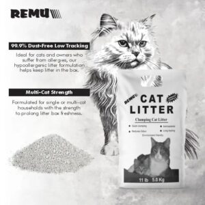 A 5-liter bag of Remu clumping cat litter, made with natural minerals for odor control and hard clumping