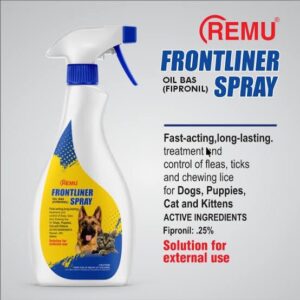 A bottle of Remu Frontliner Tick Flea Spray, a fast-acting and clinically approved spray for dogs and cats.