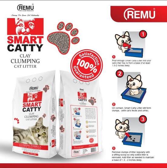 remu-smart-catty-clumping-cat-litter A bag of Remu Smart Catty clumping cat litter, with bentonite for odor control and superior clumping.
