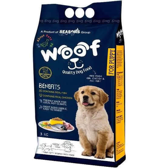 woof-puppy-food-3kg A 3KG bag of WOOF Puppy Food, a premium dog food formulated for a shiny coat and healthy skin.