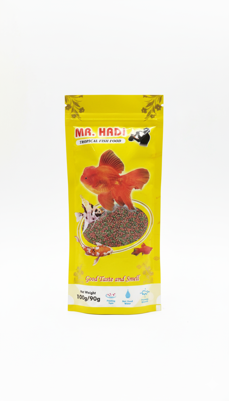 hadi-fish-food-90gm A container of Hadi Fish Food, a premium and nutrient-rich formula for a variety of fish.