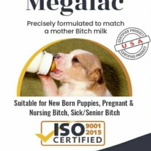 A container of Megalac Milk, a complete nutritional supplement for puppies, pregnant dogs, and senior dogs.