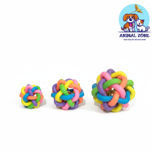 A colorful rainbow cat ball toy with a bell inside, designed to be a fun and interactive toy for cats.
