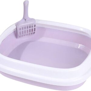 A no-spill cat litter tray with a ring design and a scoop, made from durable, odor-control plastic for kittens and adult cats.