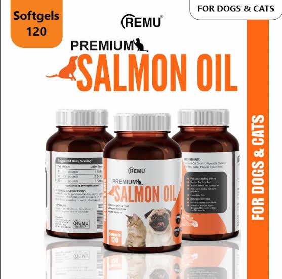 remu-premium-salmon-oil-capsules A bottle of Remu Premium Salmon Oil soft gel capsules, a supplement for cats and dogs to support heart, brain, and joint health.