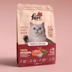 Pet Flori cat food bag premium chicken and vegetable formula for all life stages.