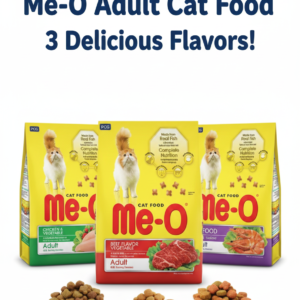 Me-O Adult Cat Food variety pack featuring Chicken, Beef, and Seafood flavors in Pakistan.