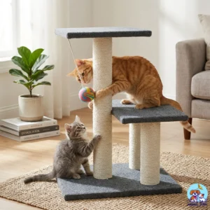 A 3-pole cat scratching post with a toy ball for sale at the best price in Pakistan.