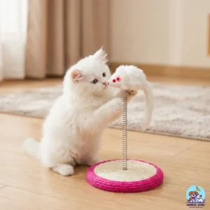 A round cat scratching pad with a spring-mounted mouse toy at the best price in Pakistan.